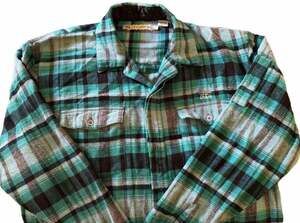 US Versus Them Plaid Flannel Button Up Shirt Teal Brown Size L